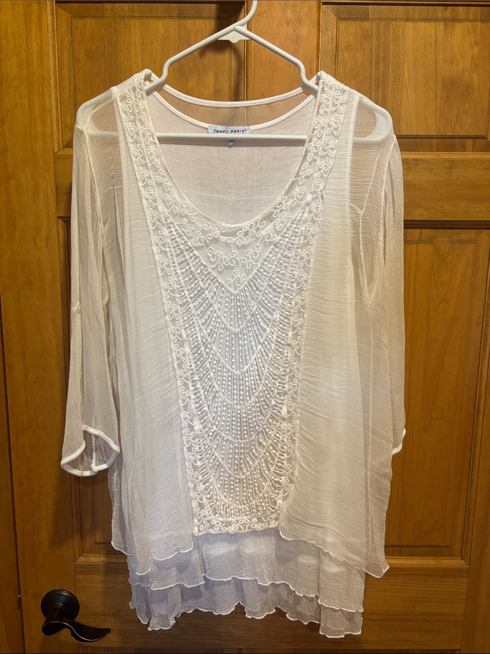 Tempo Paris White Sheer Embroidered Layered Tunic